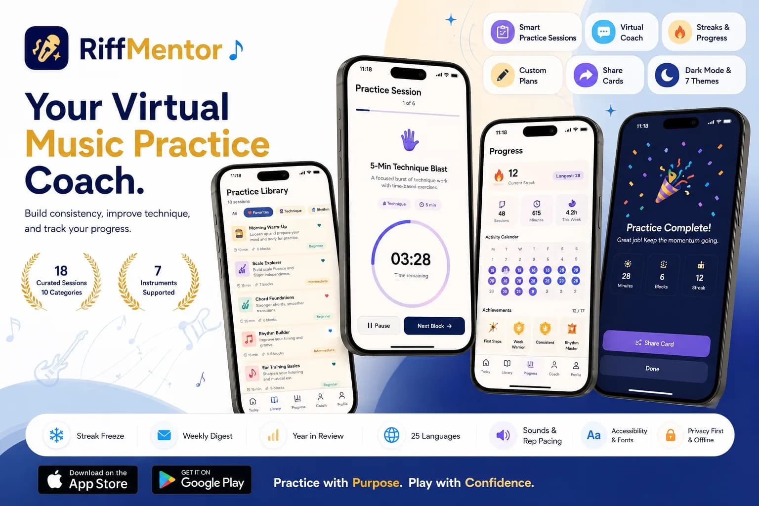 RiffMentor practice session screen showing daily routine and progress.